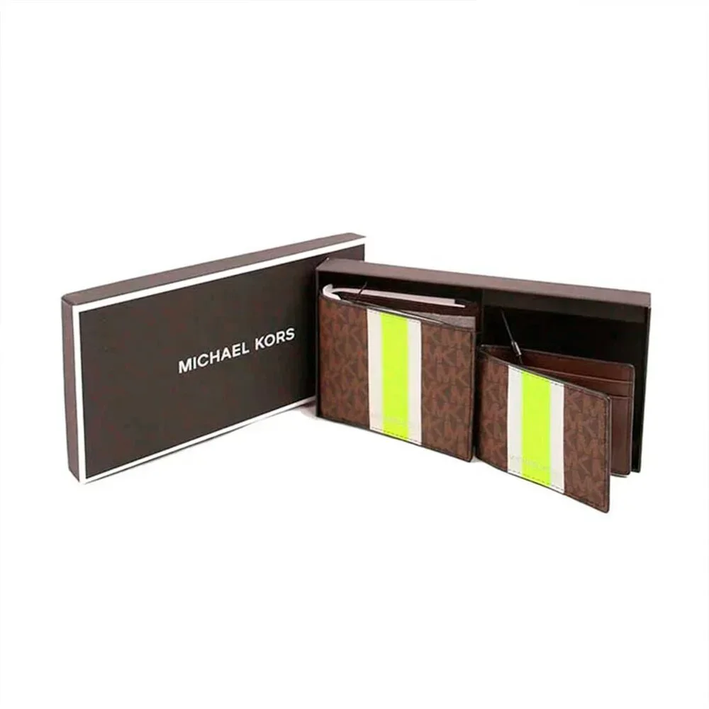 S Michael Kors Billfold Wallet Box Set Brown Neon Green Logo 36H1LGFF1B NIB $178